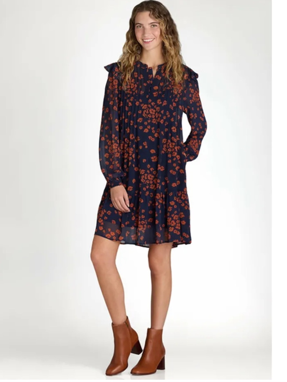 Time and Tru Navy Floral Pintuck Long-Sleeve Ruffled Shift Dress NWOT XS party